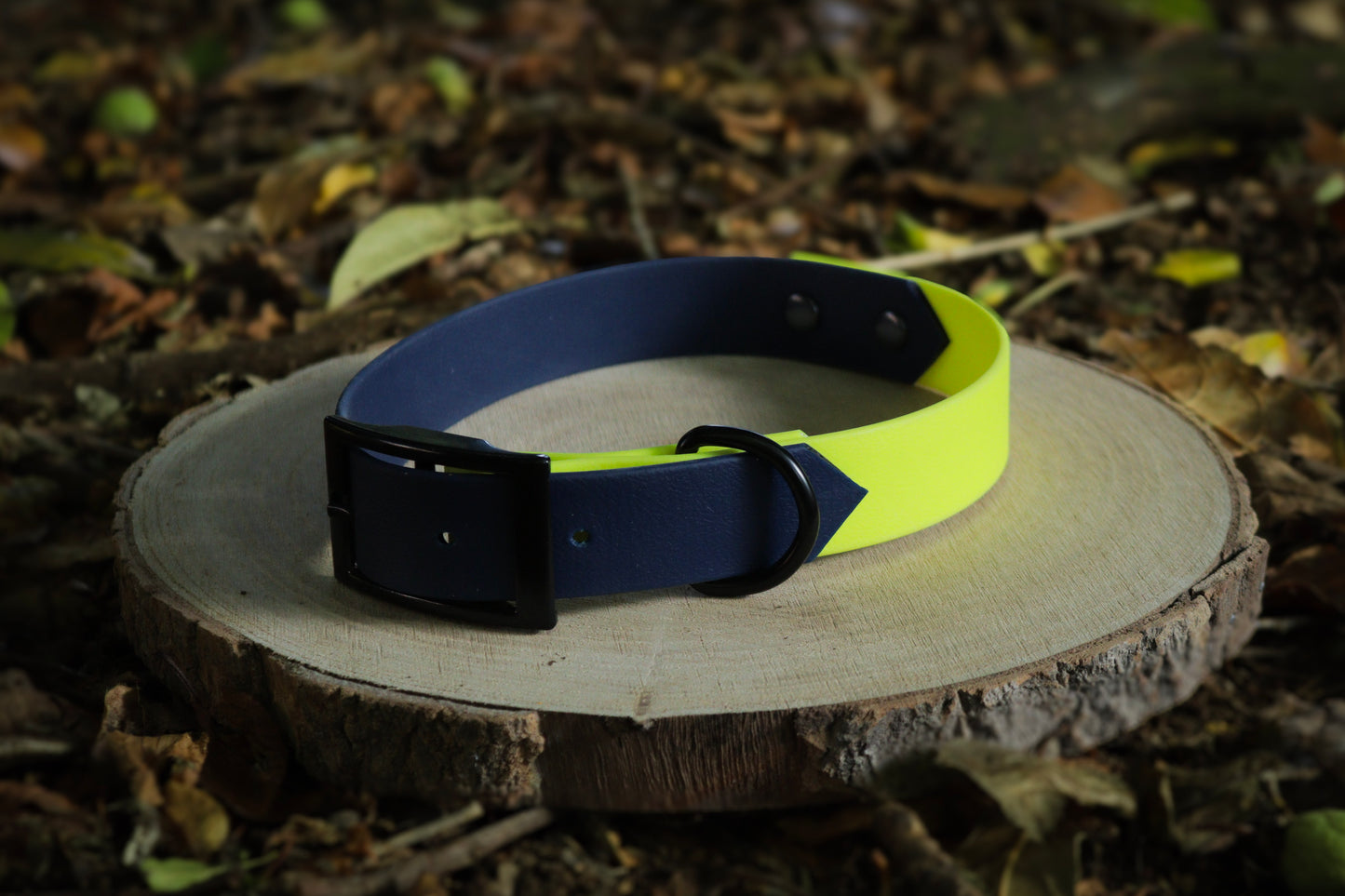 Navy Blue & Neon Yellow Biothane Dog Collar | Waterproof & Durable