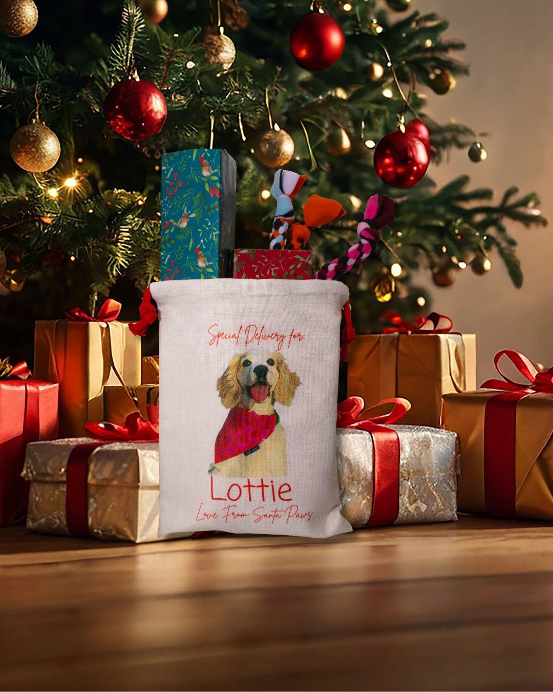 Personalised Christmas Dog Gift Sack – Custom Santa Paws Present Bag – Pet Stocking, Custom Dog Bag, Xmas Dog Treat Sack