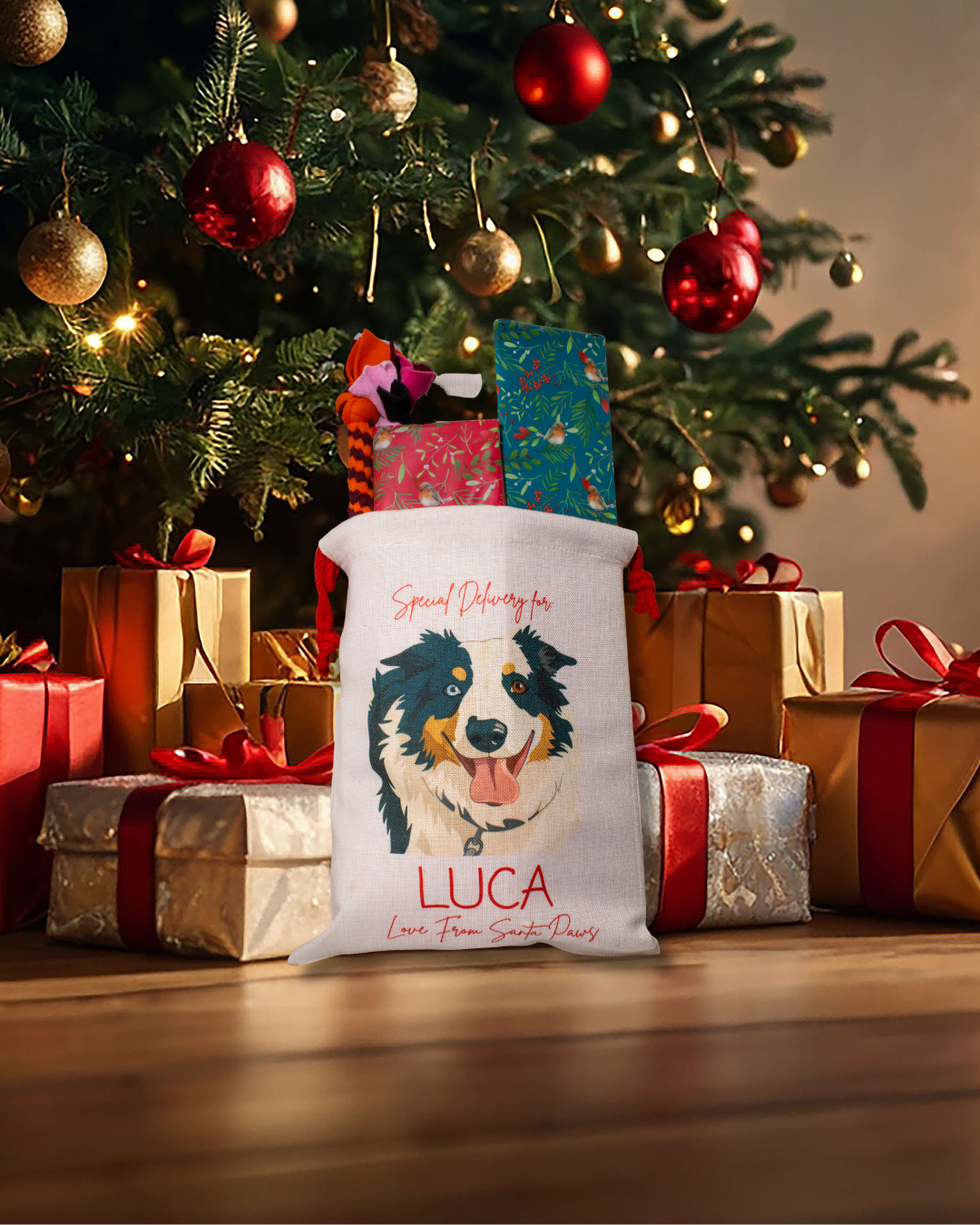 Personalised Christmas Dog Gift Sack – Custom Santa Paws Present Bag – Pet Stocking, Custom Dog Bag, Xmas Dog Treat Sack