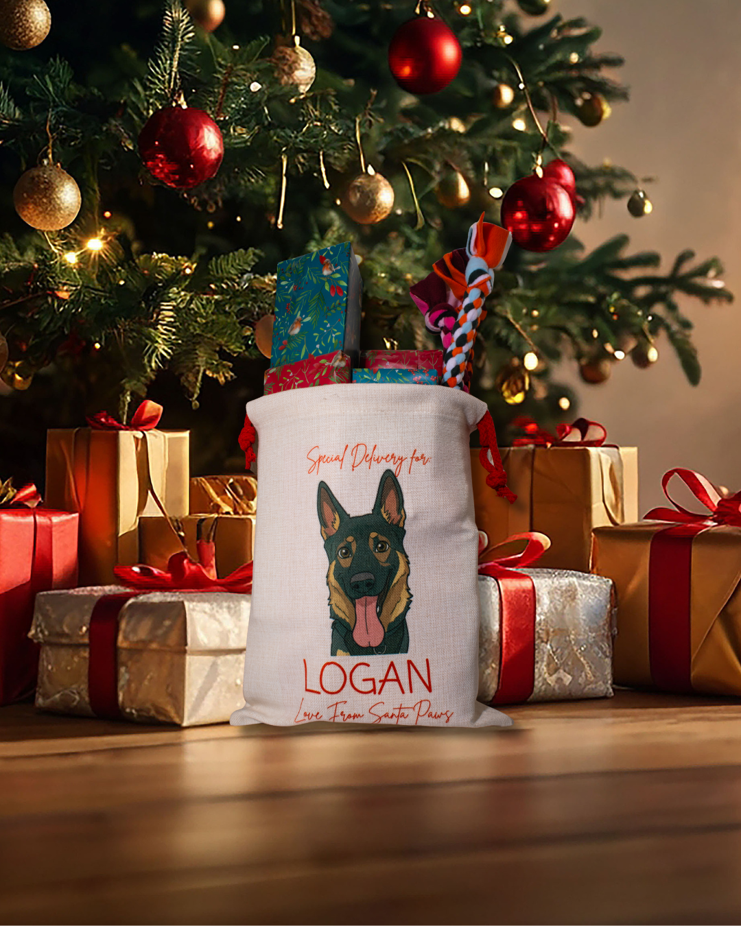 Personalised Christmas Dog Gift Sack – Custom Santa Paws Present Bag – Pet Stocking, Custom Dog Bag, Xmas Dog Treat Sack
