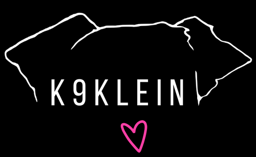 K9Klein logo with a dog silhouette and pink heart on a black background