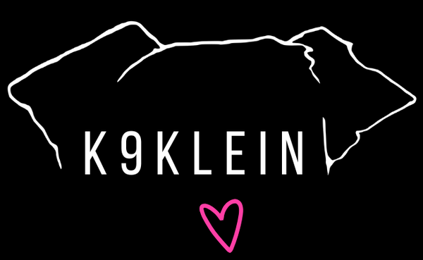 K9Klein logo with a dog silhouette and pink heart on a black background